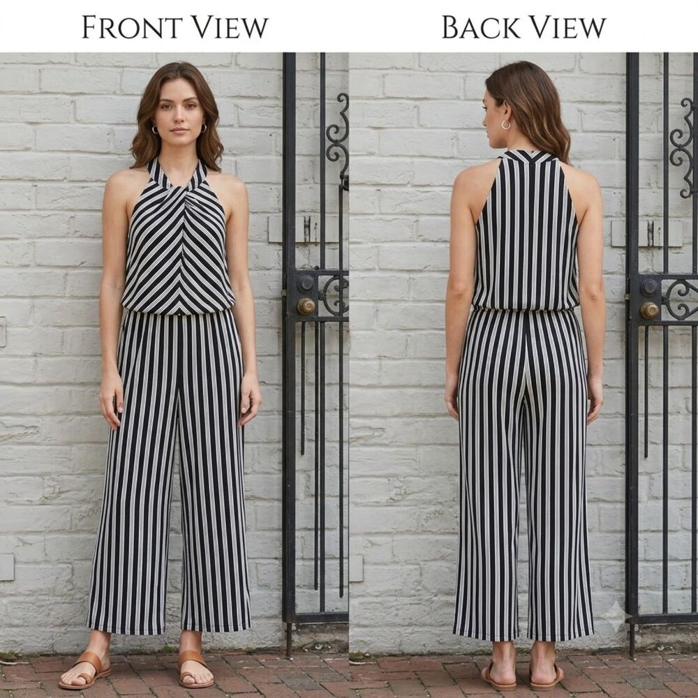 Lauren Ralph Lauren Striped Halter Wide Leg Jumpsuit Black White XL Knit
